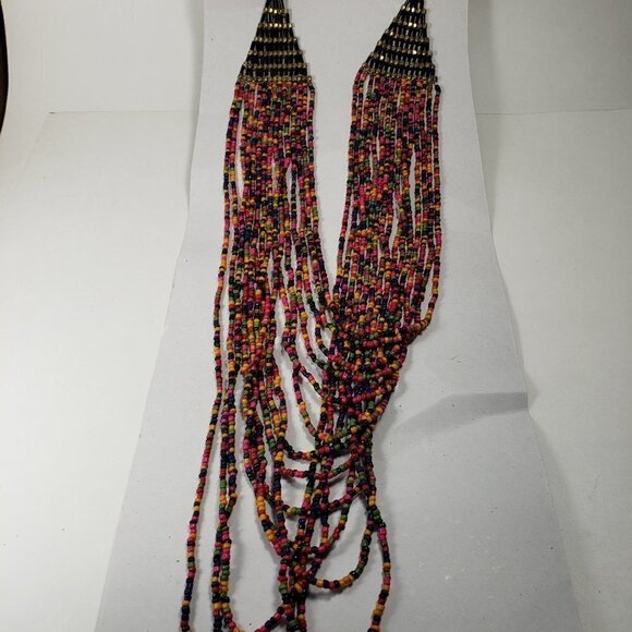 42" Gold tone Layered Colorful Beaded Statement Long Neckace & Matching Earrings - Picture 12 of 15